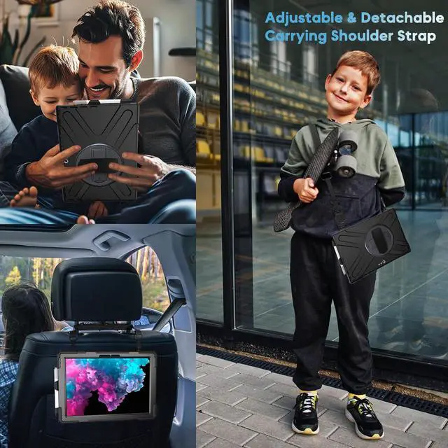 Alt view image 5 of 5 - AOOCSHEY for Microsoft Surface Pro 7+/7/6/5/4 Case with Shoulder Strap Handle Hand Strap Rotating Stand Stylus Pen Holder, Rugged Shock-Absorbing Drop-Resistant Kids Silicone Cover (12.3inch), Black