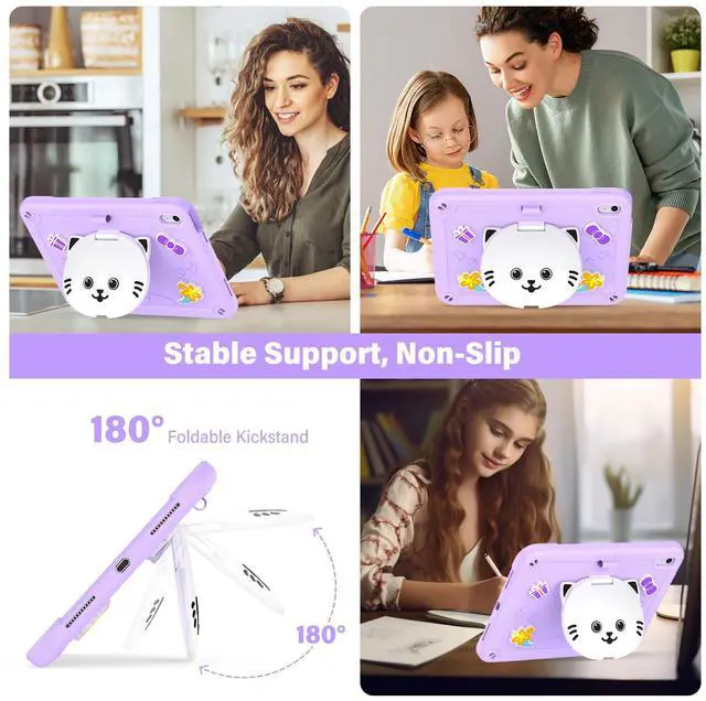 Alt view image 4 of 5 - AOKOZZY for iPad (A16) 11th 11 inch 2025 /10th Generation 10.9 inch 2022 Case for Kids Girls, with Pencil Holder,Shoulder Strap & Cat Stand, Soft Silicone Shockproof Case for iPad 10th Gen (Purple)