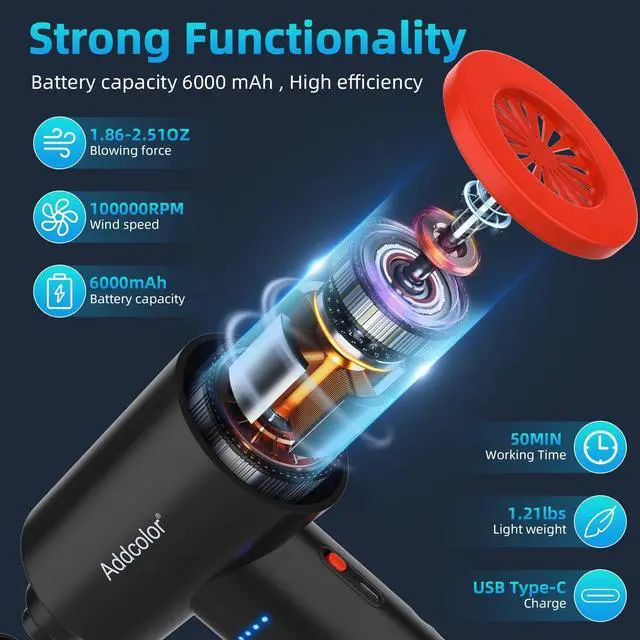 Alt view image 2 of 5 - Compressed Air Duster 6000mAh Battery - Electric Air Duster Addcolor AD-38 Keyboard Cleaner for Office-3 Adjustable Wind Speeds with LED Light, Cordless & Reusable Canned Air Duster for Computers