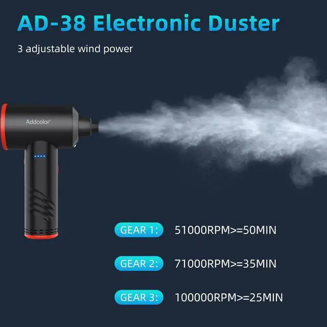 Alt view image 3 of 5 - Compressed Air Duster 6000mAh Battery - Electric Air Duster Addcolor AD-38 Keyboard Cleaner for Office-3 Adjustable Wind Speeds with LED Light, Cordless & Reusable Canned Air Duster for Computers