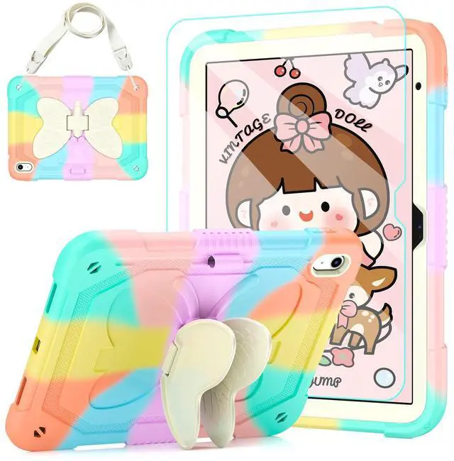 Main image of AOKOZZY Kids Case for iPad (A16) 10th/11th Generation for Girls,11'' 2025/10.9'' 2022 with Glass Screen Protector Butterfly Stand,Pencil Holder,Strap Shockproof iPad Case 10th Gen (Colorful)