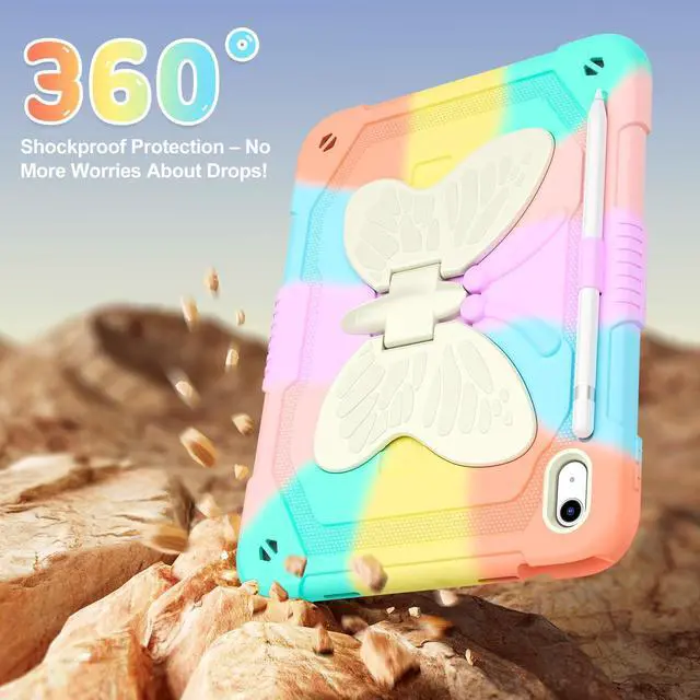 Alt view image 3 of 5 - AOKOZZY Kids Case for iPad (A16) 10th/11th Generation for Girls,11'' 2025/10.9'' 2022 with Glass Screen Protector Butterfly Stand,Pencil Holder,Strap Shockproof iPad Case 10th Gen (Colorful)