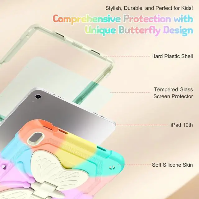 Alt view image 5 of 5 - AOKOZZY Kids Case for iPad (A16) 10th/11th Generation for Girls,11'' 2025/10.9'' 2022 with Glass Screen Protector Butterfly Stand,Pencil Holder,Strap Shockproof iPad Case 10th Gen (Colorful)