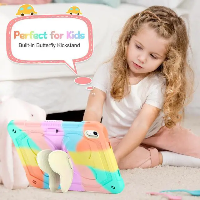 Alt view image 4 of 5 - AOKOZZY Kids Case for iPad (A16) 10th/11th Generation for Girls,11'' 2025/10.9'' 2022 with Glass Screen Protector Butterfly Stand,Pencil Holder,Strap Shockproof iPad Case 10th Gen (Colorful)