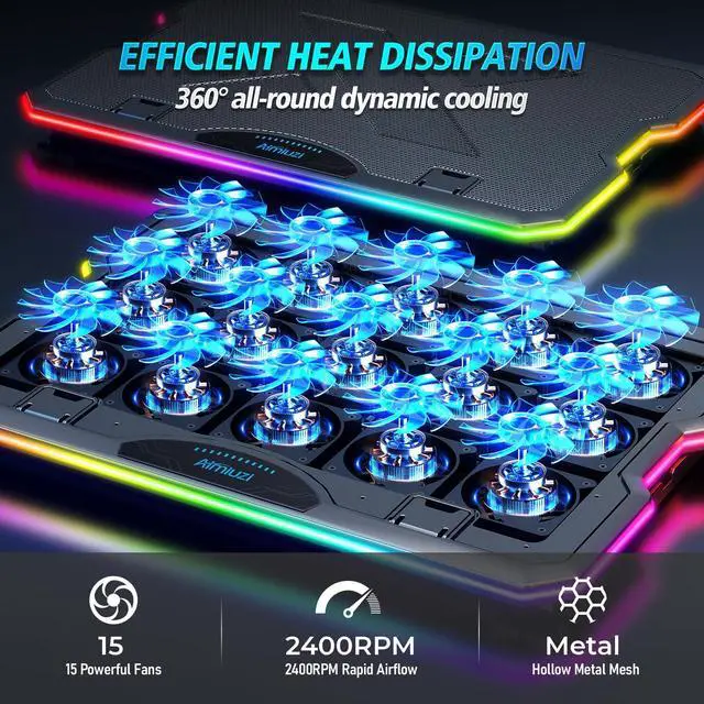 Alt view image 2 of 5 - AIMIUZI Gaming Laptop Cooling Pad, Laptop Cooler with 15 Quiet Fans for 12-17.3 Inch Notebook, Slim Portable Laptop Cooling Stand with 7 Height Adjustable, 2 USB Ports, Phone Stand