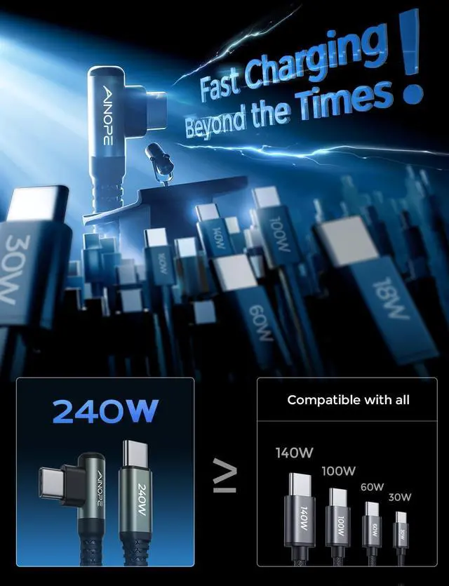 Alt view image 3 of 5 - AINOPE 240W USB C to USB C Cable Fast Charging 6FT,Right Angle Fast Type C Charging Cable Fits iPhone 16 Pro Max Plus,iPhone 15,MacBook Air/Pro,iPad Pro,Samsung,Pixel,All Devices, Grey, 3Pack