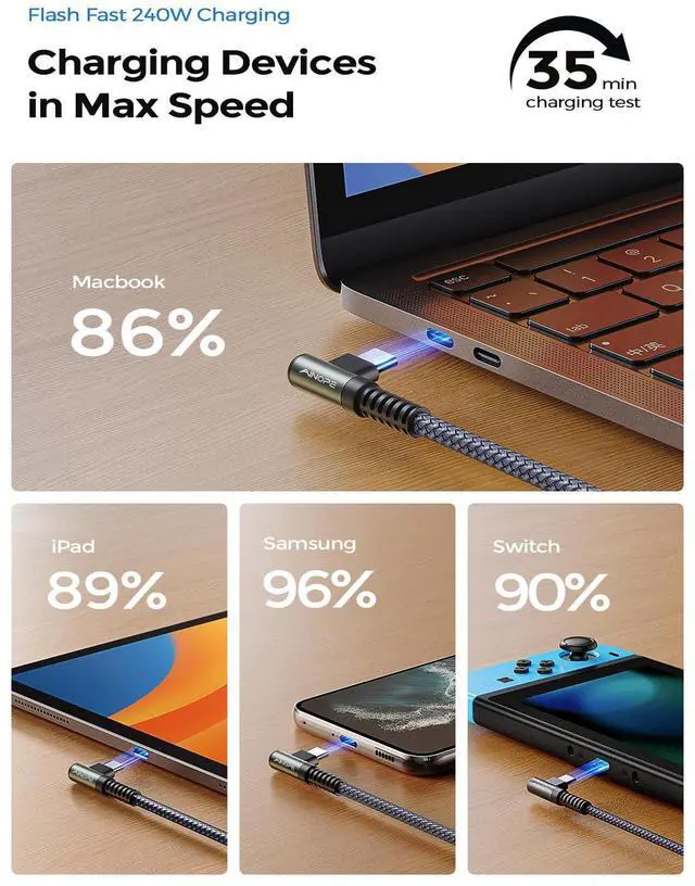 Alt view image 4 of 5 - AINOPE 240W USB C to USB C Cable Fast Charging 6FT,Right Angle Fast Type C Charging Cable Fits iPhone 16 Pro Max Plus,iPhone 15,MacBook Air/Pro,iPad Pro,Samsung,Pixel,All Devices, Grey, 3Pack