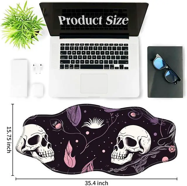 Alt view image 2 of 5 - BFDHGQZC Raven Skulls Desk Mat Irregular Shape Large Mouse Pad 35.4"x15.75" Desk Rubber Base Mousepad with Stitched Edges Big Desk Pad for Work,Game,Office,Home