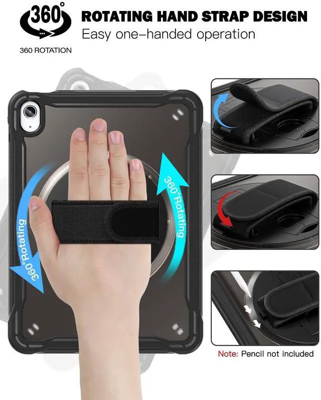 Alt view image 5 of 5 - Case for iPad (A16) 11th/10th Generation 11''/10.9'' 2025/2022 Kids with Pencil Holder 360degRotate Handle Strap/Stand