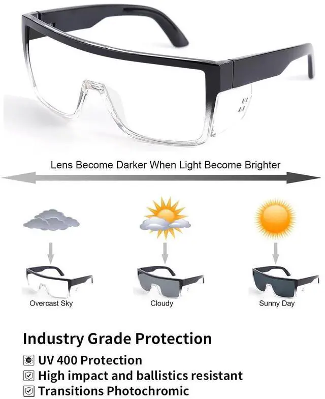 Alt view image 5 of 5 - BINGKING Blue light blocking UV400 Auto-Darkening Clear to Smoke LensTransitional ANSI Z87.1 Safety Sunglasses Glasses Photochromic (Two tone)