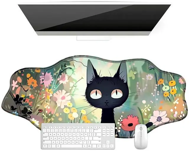 Main image of BFDHGQZC Black Cat Among Flowers Desk Mat Irregular Shape Large Mouse Pad 35.4"x15.75" Desk Rubber Base Mousepad with Stitched Edges Big Desk Pad for Work,Game,Office,Home