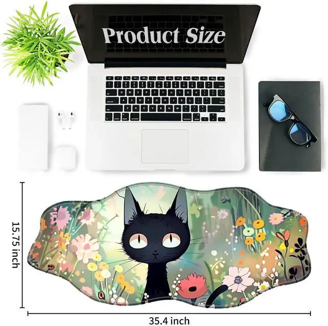 Alt view image 2 of 5 - BFDHGQZC Black Cat Among Flowers Desk Mat Irregular Shape Large Mouse Pad 35.4"x15.75" Desk Rubber Base Mousepad with Stitched Edges Big Desk Pad for Work,Game,Office,Home