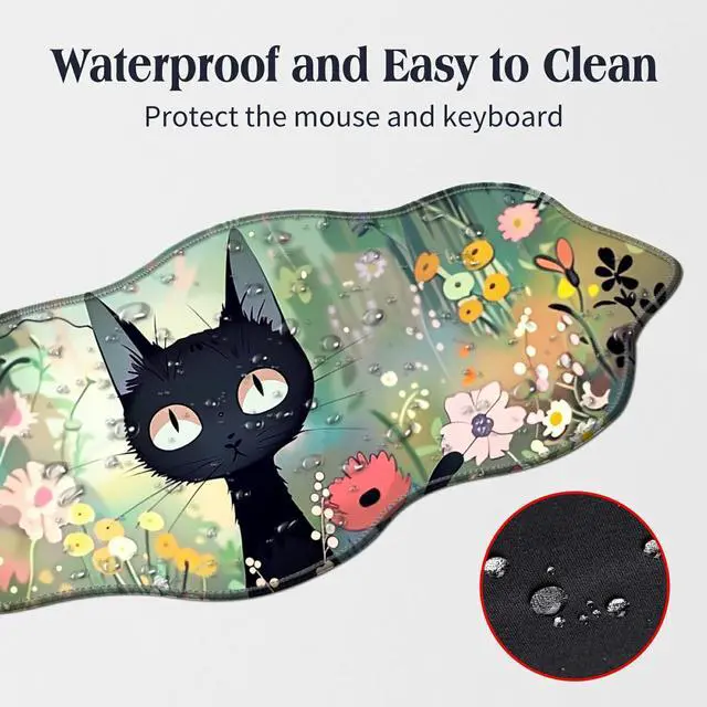 Alt view image 3 of 5 - BFDHGQZC Black Cat Among Flowers Desk Mat Irregular Shape Large Mouse Pad 35.4"x15.75" Desk Rubber Base Mousepad with Stitched Edges Big Desk Pad for Work,Game,Office,Home