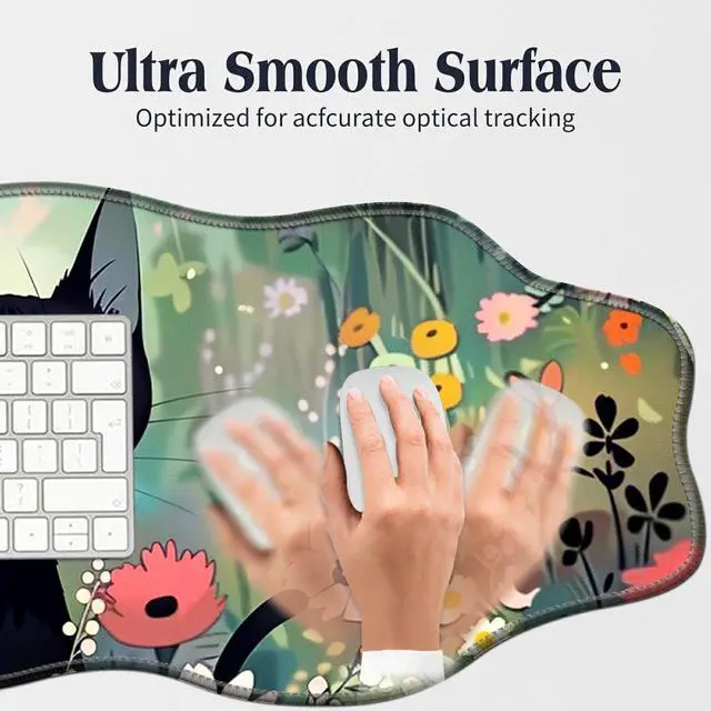 Alt view image 5 of 5 - BFDHGQZC Black Cat Among Flowers Desk Mat Irregular Shape Large Mouse Pad 35.4"x15.75" Desk Rubber Base Mousepad with Stitched Edges Big Desk Pad for Work,Game,Office,Home