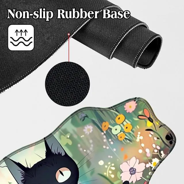 Alt view image 4 of 5 - BFDHGQZC Black Cat Among Flowers Desk Mat Irregular Shape Large Mouse Pad 35.4"x15.75" Desk Rubber Base Mousepad with Stitched Edges Big Desk Pad for Work,Game,Office,Home