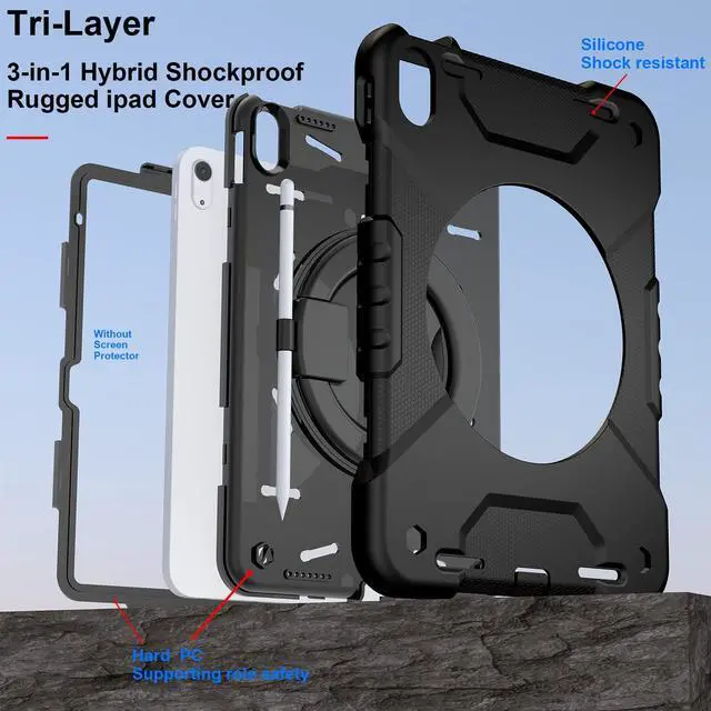 Alt view image 3 of 5 - Andnary Case for iPad (A16) 11th Generation 11 inch 2025/10th Generation 10.9 inch 2022, Heavy Duty Shockproof Cover with 360deg Rotating Handle/Bracket/Pen Holder/Shoulder Strap, Black