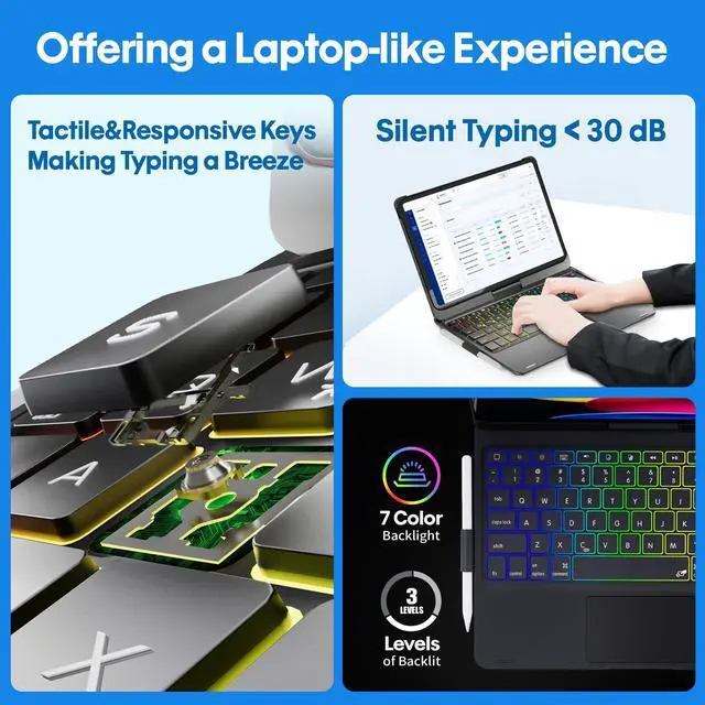 Alt view image 4 of 5 - BABG TouchPad Keyboard Case for iPad 10th Generation&iPad 11th(A16,2025),iPad Air 11(M3,M2/iPad Pro 11 inch Keyboard&iPad Air 5th/Air 4th Keyboard, 360degSwivel,7 Use Modes,Rainbow Backlight- Black