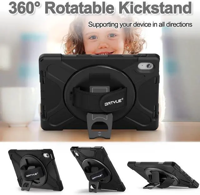Alt view image 3 of 5 - BATYUE Case for iPad (A16) 11th/10th Generation 10.9'' 2025/2022, Rugged Protective Shockproof Cover for Kids with Screen Protector, 360deg Rotating Stand, Pencil Holder, Carrying Strap, Black