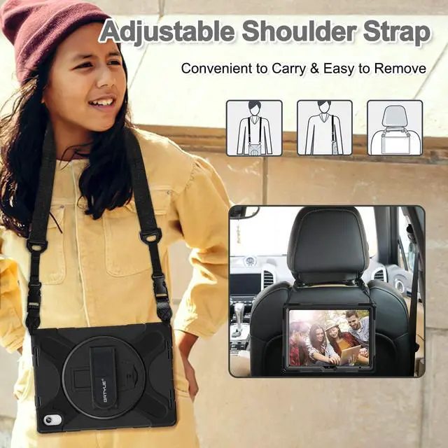 Alt view image 4 of 5 - BATYUE Case for iPad (A16) 11th/10th Generation 10.9'' 2025/2022, Rugged Protective Shockproof Cover for Kids with Screen Protector, 360deg Rotating Stand, Pencil Holder, Carrying Strap, Black