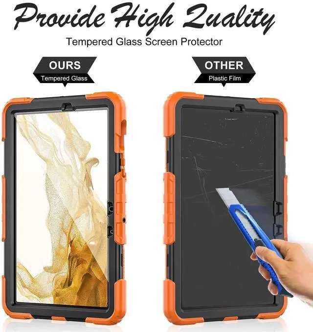 Alt view image 2 of 5 - BASE MALL Case for Samsung Galaxy Tab S8/S7 11-inch 5G Tablet Case 2022/2020, [with Tempered Glass Screen Protector], Rotating Kickstand, Hand & Shoulder Strap, S Pen Holder (Orange)