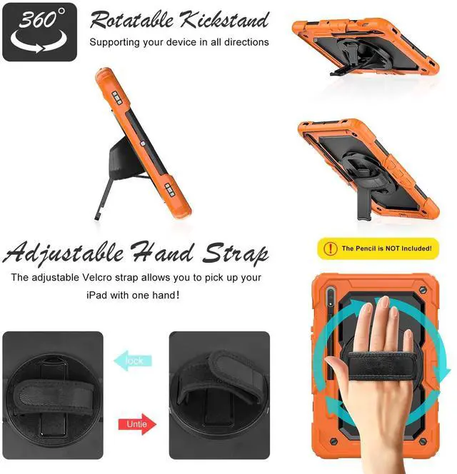 Alt view image 4 of 5 - BASE MALL Case for Samsung Galaxy Tab S8/S7 11-inch 5G Tablet Case 2022/2020, [with Tempered Glass Screen Protector], Rotating Kickstand, Hand & Shoulder Strap, S Pen Holder (Orange)