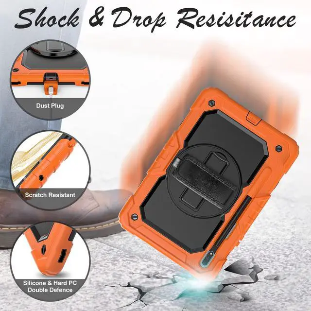 Alt view image 5 of 5 - BASE MALL Case for Samsung Galaxy Tab S8/S7 11-inch 5G Tablet Case 2022/2020, [with Tempered Glass Screen Protector], Rotating Kickstand, Hand & Shoulder Strap, S Pen Holder (Orange)