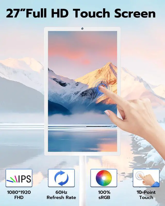 Alt view image 2 of 5 - Anweller 27" Portable TV Tablet, Touchscreen Portable Monitor with Stand on Wheels, 27-inch Wireless Touch Screen Smart Mobile Movable Rolling TV, 13000mAh Battery Operated, 8GB RAM + 128GB ROM