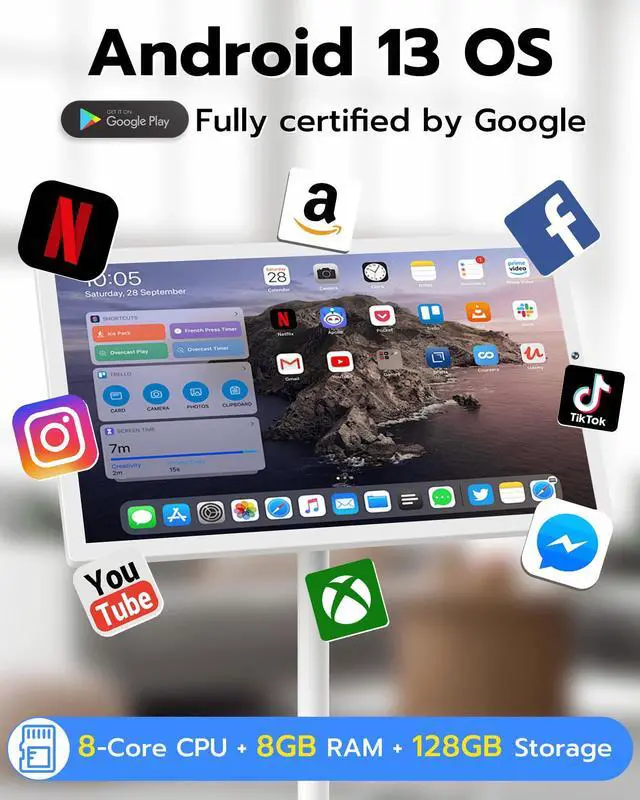 Alt view image 4 of 5 - Anweller 27" Portable TV Tablet, Touchscreen Portable Monitor with Stand on Wheels, 27-inch Wireless Touch Screen Smart Mobile Movable Rolling TV, 13000mAh Battery Operated, 8GB RAM + 128GB ROM