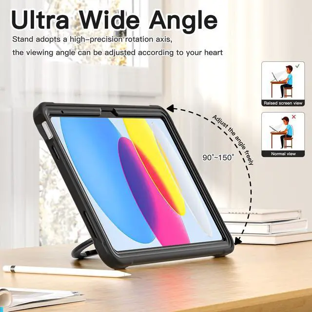 Alt view image 4 of 5 - BATYUE Case for iPad (A16) 11th/10th Generation 10.9'' 2025/2022, Rugged Protective Shockproof Cover for Kids with 360deg Rotating Stand, Pencil Holder, Carrying Strap, Black
