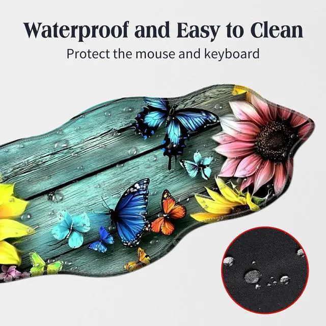 Alt view image 3 of 5 - BFDHGQZC Colorful Sunflowers Butterflies Desk Mat Large Mouse Pad 31.5"x11.8" Desk Rubber Base Mousepad with Stitched Edges Big Desk Pad for Work,Game,Office,Home