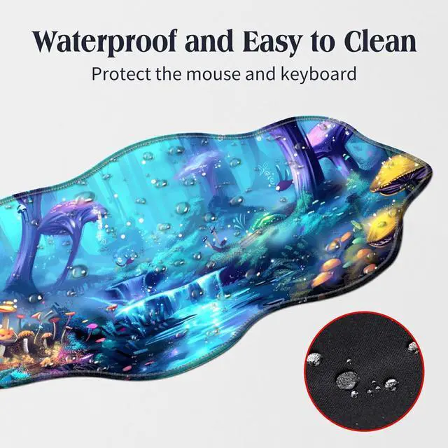 Alt view image 3 of 5 - BFDHGQZC Forest with Glowing Mushrooms Desk Mat Irregular Shape Large Mouse Pad 35.4"x15.75" Desk Rubber Base Mousepad with Stitched Edges Big Desk Pad for Work,Game,Office,Home