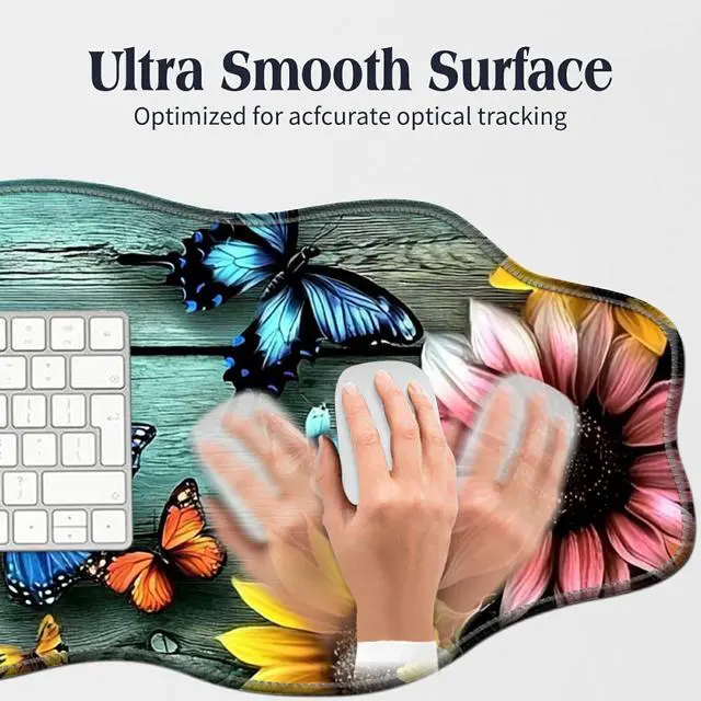 Alt view image 5 of 5 - BFDHGQZC Colorful Sunflowers Butterflies Desk Mat Large Mouse Pad 31.5"x11.8" Desk Rubber Base Mousepad with Stitched Edges Big Desk Pad for Work,Game,Office,Home