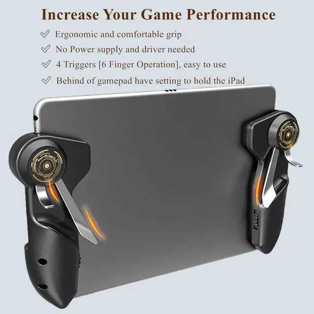 Alt view image 3 of 5 - Rakizbe PUBG Controller for Tablet 4 Triggers [6 Finger Operation] Sensitive Shoot Aim Trigger Gamepad Grip, Support 10-12.9 inch iPad & Tablet (Thickness < 10mm), Black