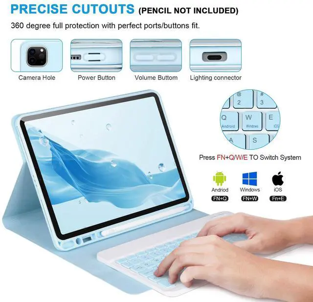 Alt view image 3 of 5 - APHBZGE Keyboard Case for iPad Pro 11'' (4th/3rd/2nd/1st Gen), iPad Air (5th/4th Gen) - Detachable Bluetooth Keyboard with Pencil Holder, Blue