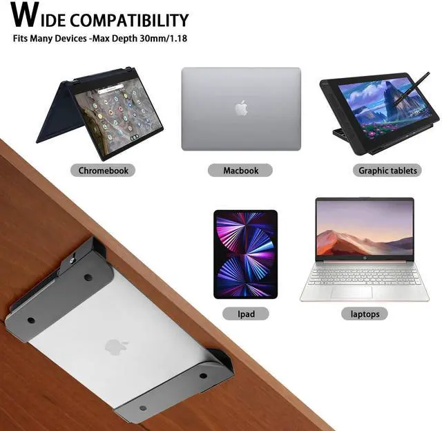 Alt view image 5 of 5 - CaSZLUTION Wall Mount and Under Desk Mount Laptop Holder, Universal Laptop Storage Bracket for Devices Up to 1.18" Thick Macbooks, Surface, Keyboards, Tablets & More (Metal Black)