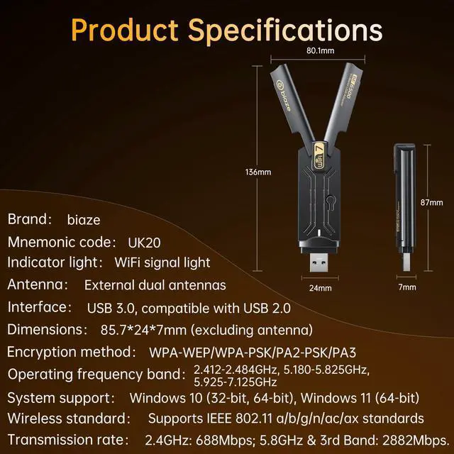 Alt view image 4 of 5 - Biaze WiFi 7 Wireless Network Card, Plug and Play Without Removing Host, USB 3.0, Total Speed 6500Mbps, Tri-Band Wireless, Driver Included, Windows 10/11 Compatible.