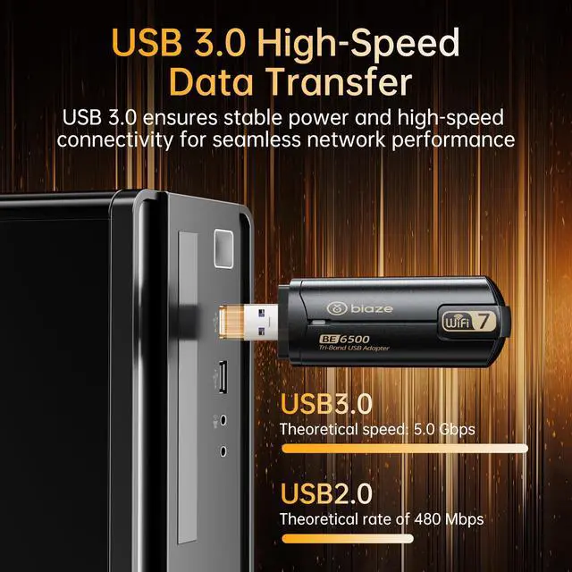 Alt view image 3 of 5 - Biaze WiFi 7 Wireless Network Card, Plug and Play Without Removing Host, USB 3.0, Total Speed 6500Mbps, Tri-Band Wireless, Driver Included, Windows 10/11 Compatible.