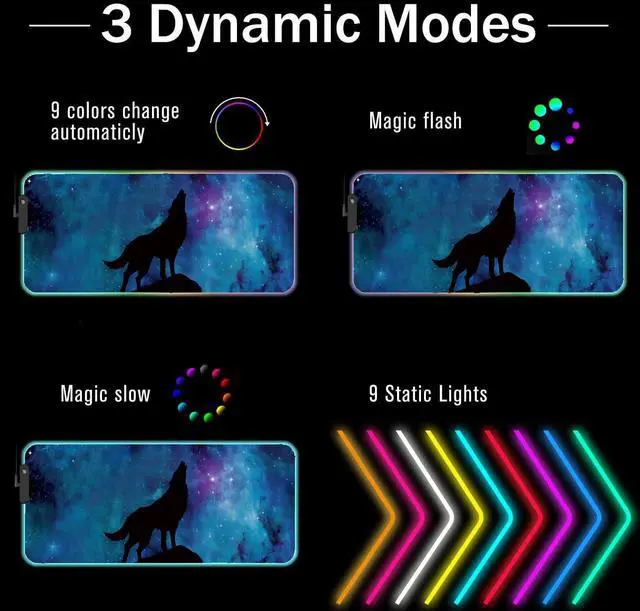 Alt view image 2 of 5 - RGB Gaming Mouse Pad and Coffee Coaster, XXL Large Glowing LED Mousepad, Anti-Slip Rubber Base, Computer Keyboard Desk Mouse Mat 31.5 X 11.8 Inch - Blue Galaxy Nebula Wolf