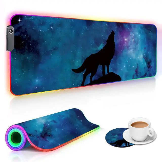Main image of RGB Gaming Mouse Pad and Coffee Coaster, XXL Large Glowing LED Mousepad, Anti-Slip Rubber Base, Computer Keyboard Desk Mouse Mat 31.5 X 11.8 Inch - Blue Galaxy Nebula Wolf
