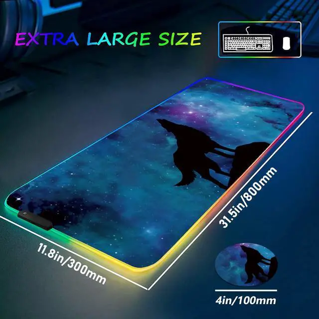 Alt view image 3 of 5 - RGB Gaming Mouse Pad and Coffee Coaster, XXL Large Glowing LED Mousepad, Anti-Slip Rubber Base, Computer Keyboard Desk Mouse Mat 31.5 X 11.8 Inch - Blue Galaxy Nebula Wolf