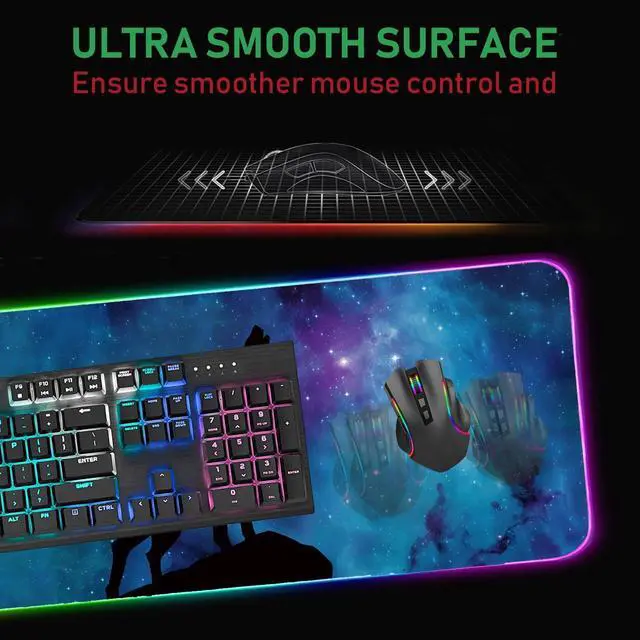 Alt view image 4 of 5 - RGB Gaming Mouse Pad and Coffee Coaster, XXL Large Glowing LED Mousepad, Anti-Slip Rubber Base, Computer Keyboard Desk Mouse Mat 31.5 X 11.8 Inch - Blue Galaxy Nebula Wolf