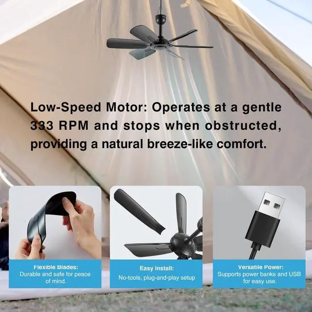 Alt view image 3 of 5 - bestmoument 17.7-inch Portable Hanging Fan with 6 Blades,Ceiling Fan with Remote Control Timing 3 Speed,USB Plug In,5V DC Powered Indoor/Outdoor Use for RV, Camping, and Canopy(with remote control)