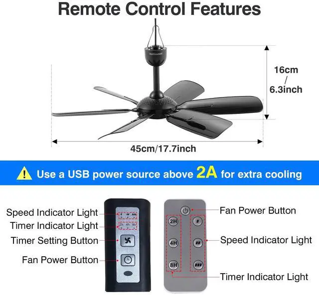 Alt view image 5 of 5 - bestmoument 17.7-inch Portable Hanging Fan with 6 Blades,Ceiling Fan with Remote Control Timing 3 Speed,USB Plug In,5V DC Powered Indoor/Outdoor Use for RV, Camping, and Canopy(with remote control)