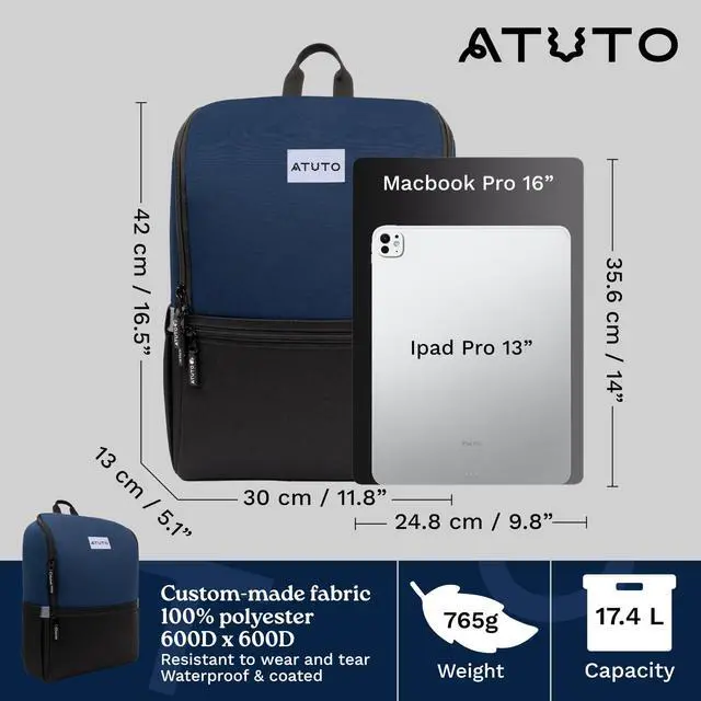 Alt view image 2 of 5 - ATUTO Slim Laptop Backpack for Men with 16 inch Laptop Compartment - Business Work Backpack for Men with Luggage Strap and Trolley Sleeve - Airflow Back, Fully Padded (Blue)