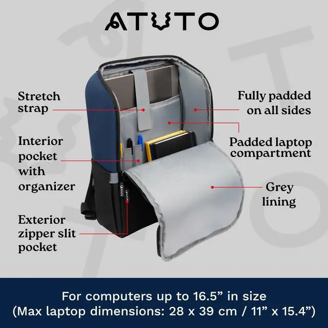Alt view image 3 of 5 - ATUTO Slim Laptop Backpack for Men with 16 inch Laptop Compartment - Business Work Backpack for Men with Luggage Strap and Trolley Sleeve - Airflow Back, Fully Padded (Blue)