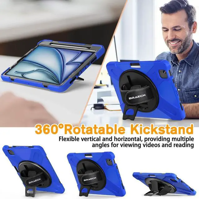 Alt view image 4 of 5 - BRAECN for iPad Air 11 Inch M3/M2 (6th Gen) Case 2025/2024,iPad Air 5th /4th Gen 10.9" Heavy Duty Case with Pencil Holder, Hand Strap, Kickstand, Shoulder Strap for iPad Pro 11 -Blue