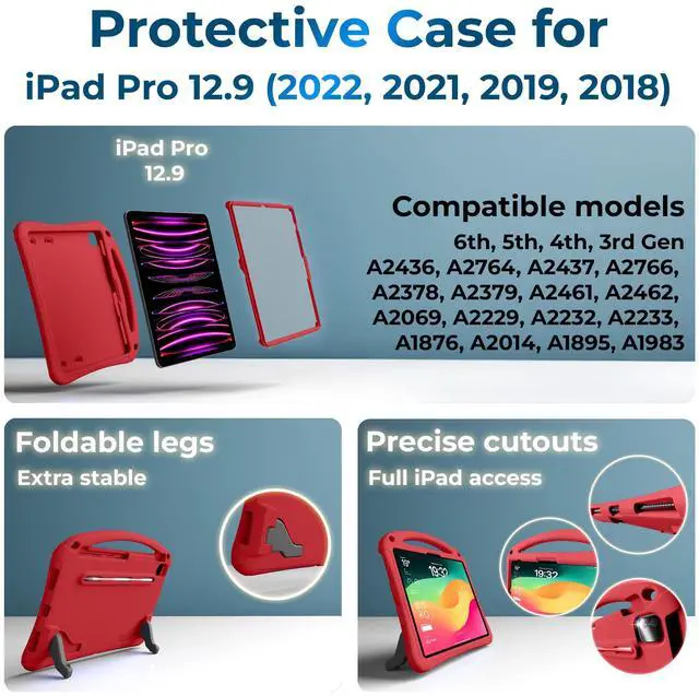 Alt view image 5 of 5 - Bam Bino Space Suit Kids Case for iPad Pro 12.9" 3rd/4th/5th/6th Generation (2018-2022) Models [Not for iPad Pro 12.9 1st/2nd Gen] Screen Guard, Handle, Shoulder Strap, Pencil Holder (Pink)