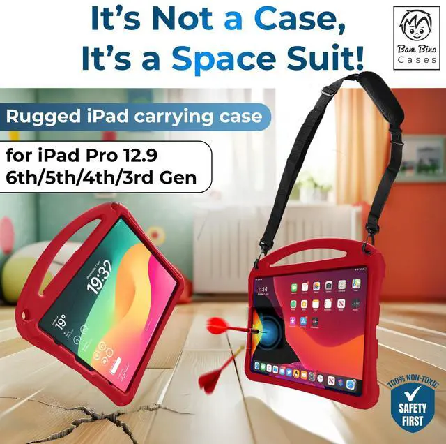 Alt view image 3 of 5 - Bam Bino Space Suit Kids Case for iPad Pro 12.9" 3rd/4th/5th/6th Generation (2018-2022) Models [Not for iPad Pro 12.9 1st/2nd Gen] Screen Guard, Handle, Shoulder Strap, Pencil Holder (Pink)