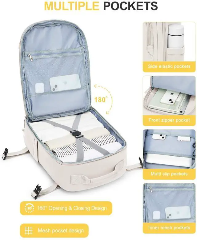 Alt view image 4 of 5 - Travel Backpack for Women Men, Waterproof Carry on Backpack for Flight Approved Personal Item Bag, Business Laptop Backpack with USB Charging for Hiking Gym with Shoe Compartment Casual Daypack White
