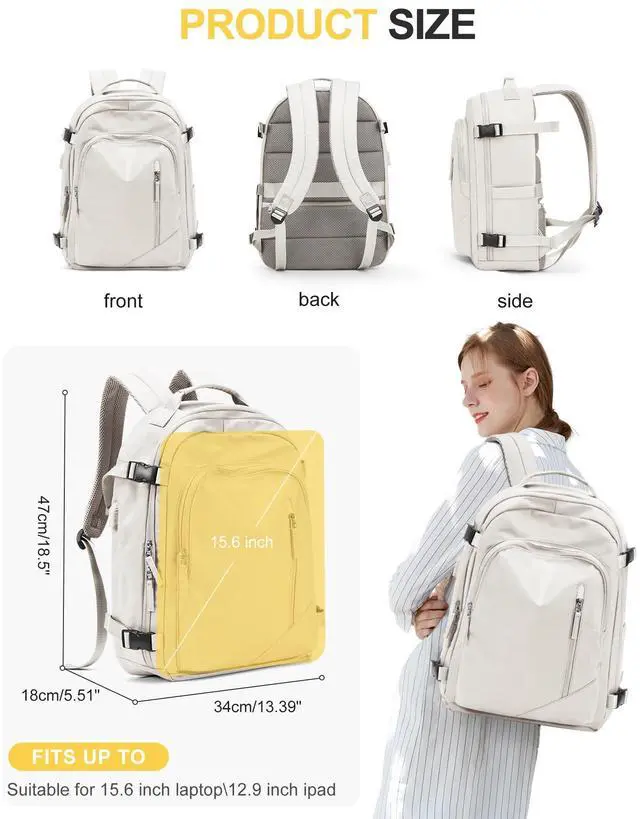 Alt view image 3 of 5 - Travel Backpack for Women Men, Waterproof Carry on Backpack for Flight Approved Personal Item Bag, Business Laptop Backpack with USB Charging for Hiking Gym with Shoe Compartment Casual Daypack White